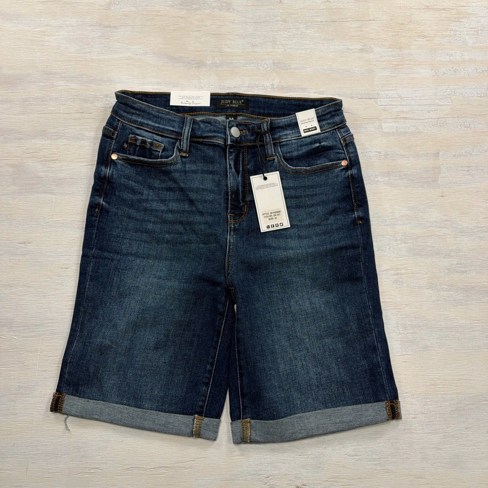 Judy Blue Denim Shorts Kokomo High Rise Bermuda Medium NWT Dark Wash Womens
